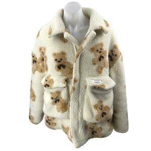 My Mum Made It White bBown Teddy Bear Fleece Zip Up Pockets Coat Jacket Size 8
